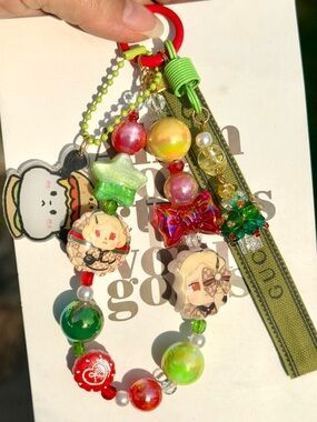 Authentic GG Ribbon& Christmas Crystal tree Charm &Character Tags&Red/green bead